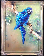 Charger l&#39;image dans la galerie, Matt Dixon M-ONE Blue Macaw - Signed painting on wood and vintage frame
