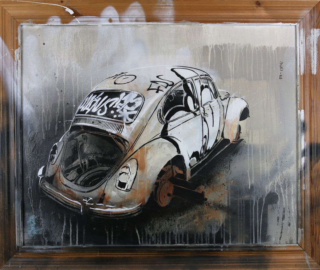 M-ONE Volkwagen Beetle - painting on wood and vintage frame